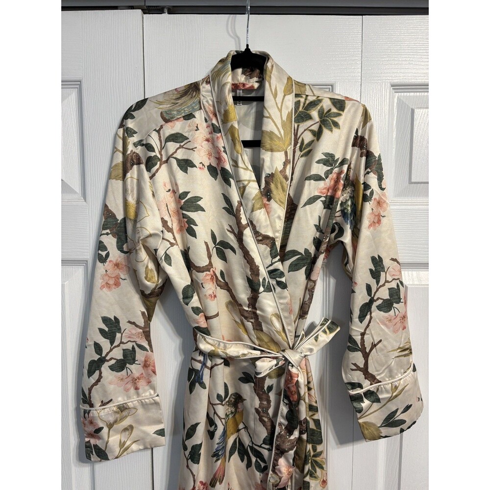 Pottery Barn Nola Silky Piped Robe Womens medium muted floral birds bridal gift - Picture 4 of 13